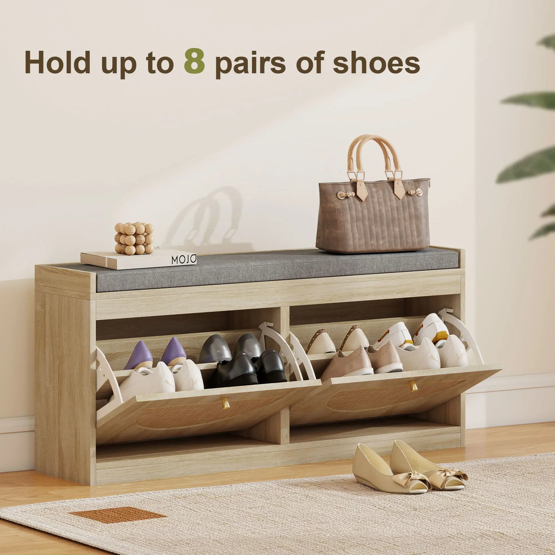 Shoe Bench with Flip Doors, Seat Cushion, Adjustable Shelves, Natural Wood Shoe Storage Cabinets & Racks at Gallery Canada