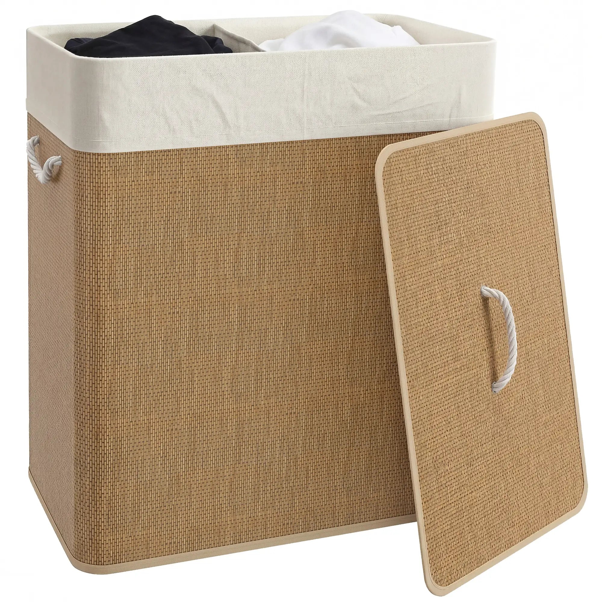 Double Laundry Basket with Lid, 100L Bamboo Hamper, Removable Bags, Brown Clothing Storage at Gallery Canada