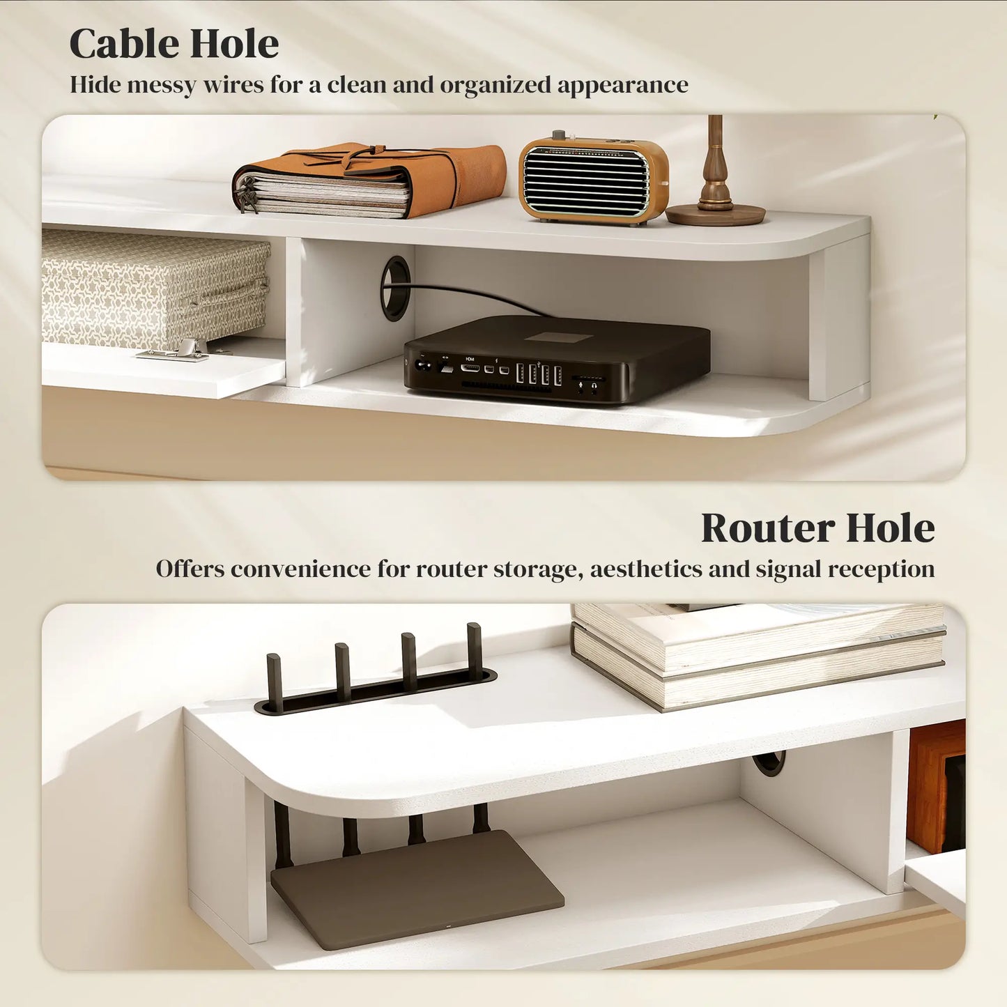 Support TV flottant de 71 pouces, console multimédia murale, blanc
