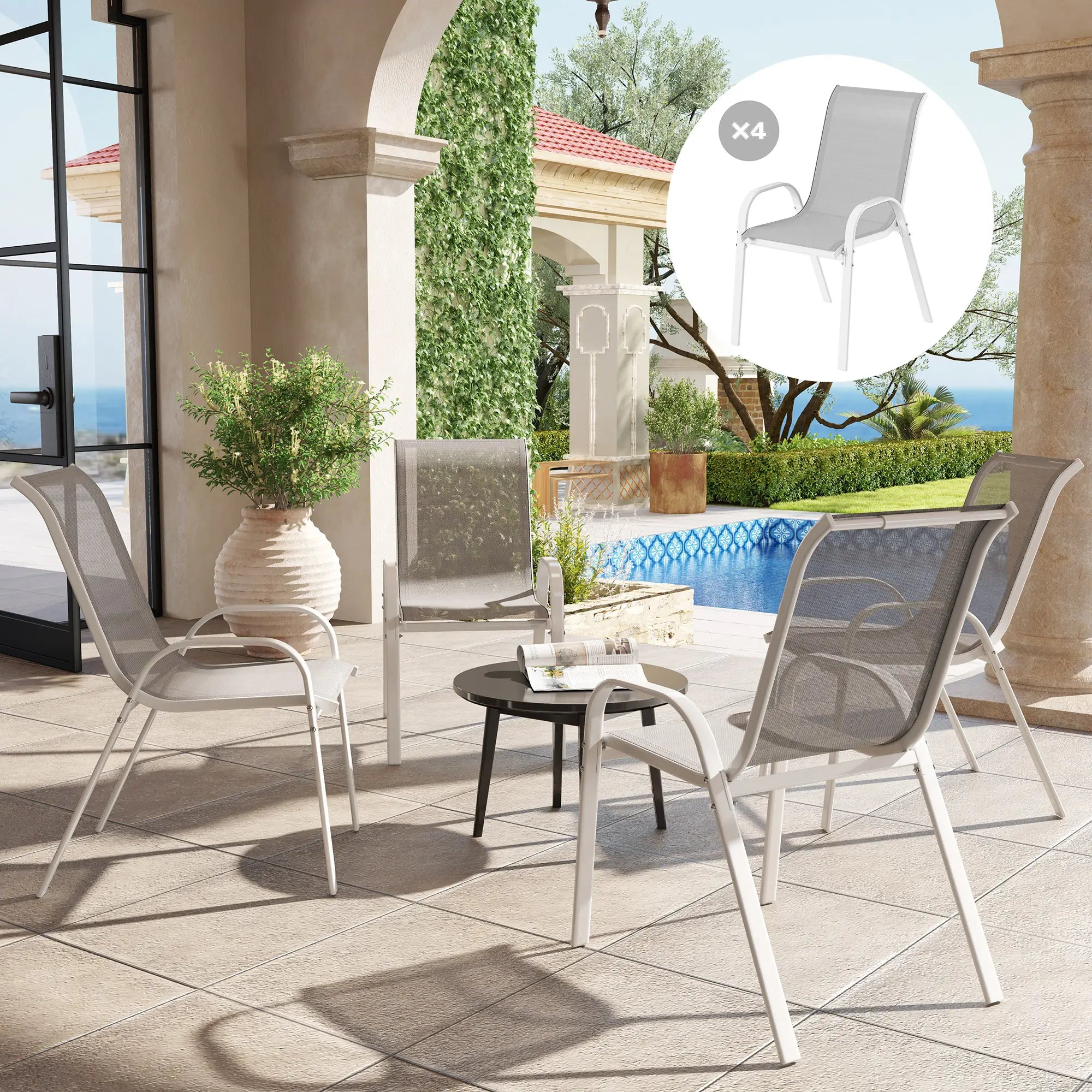 Outdoor Dining Chairs, Stackable With High Back, Breathable Mesh Seat, White Outdoor Dining Sets at Gallery Canada
