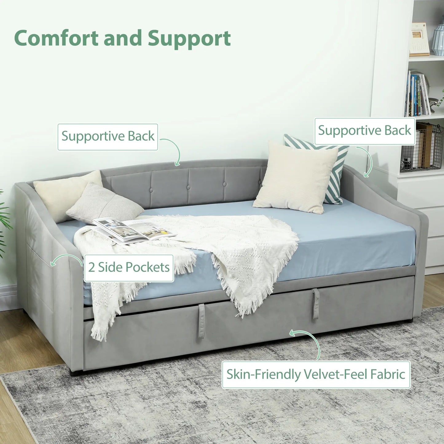 Upholstered Twin Size Trundle Bed, With Headboard And Pockets, Light Grey