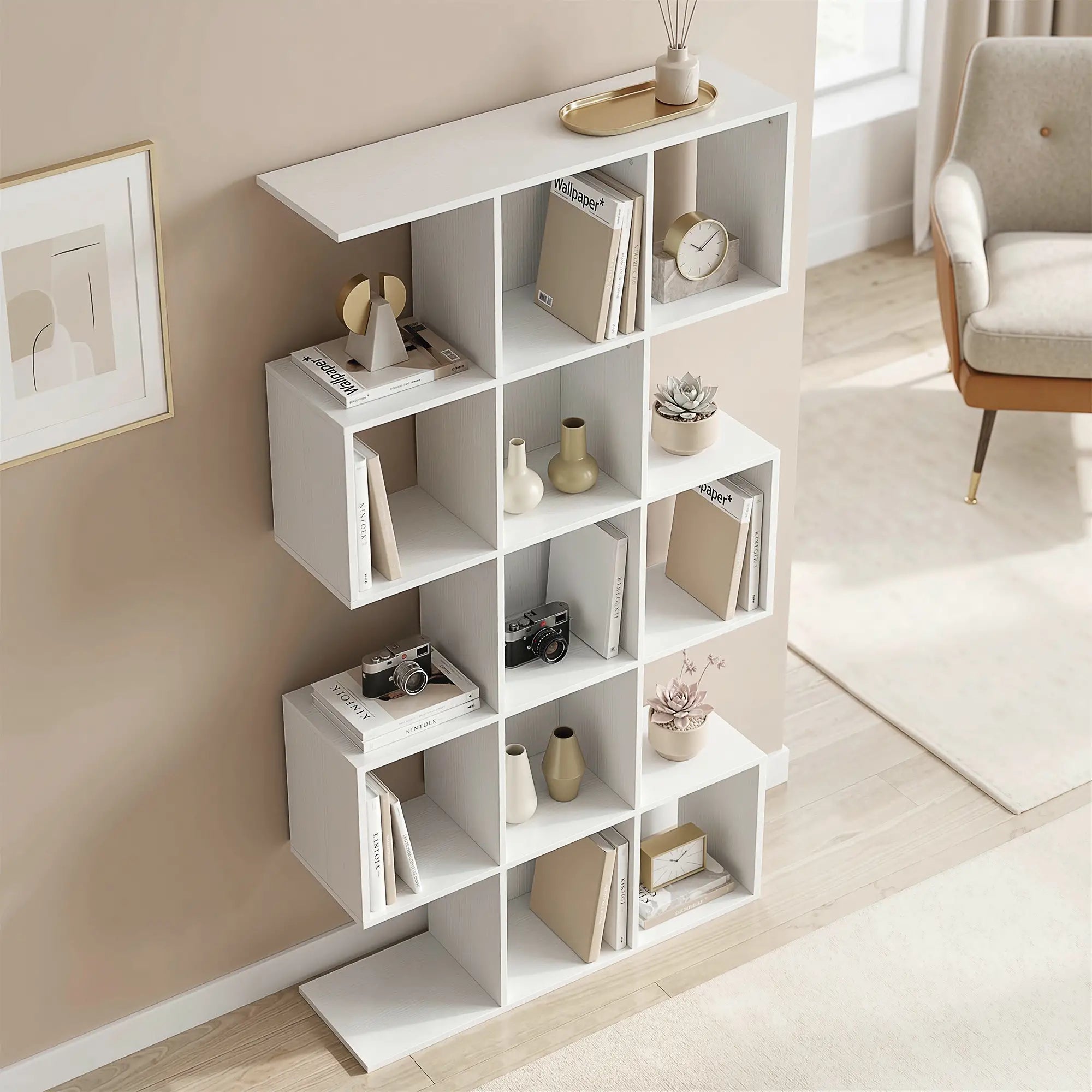 S-Shaped 5-Tier Bookshelf, 15 Compartments, White Wood Grain, White Display Bookshelves at Gallery Canada