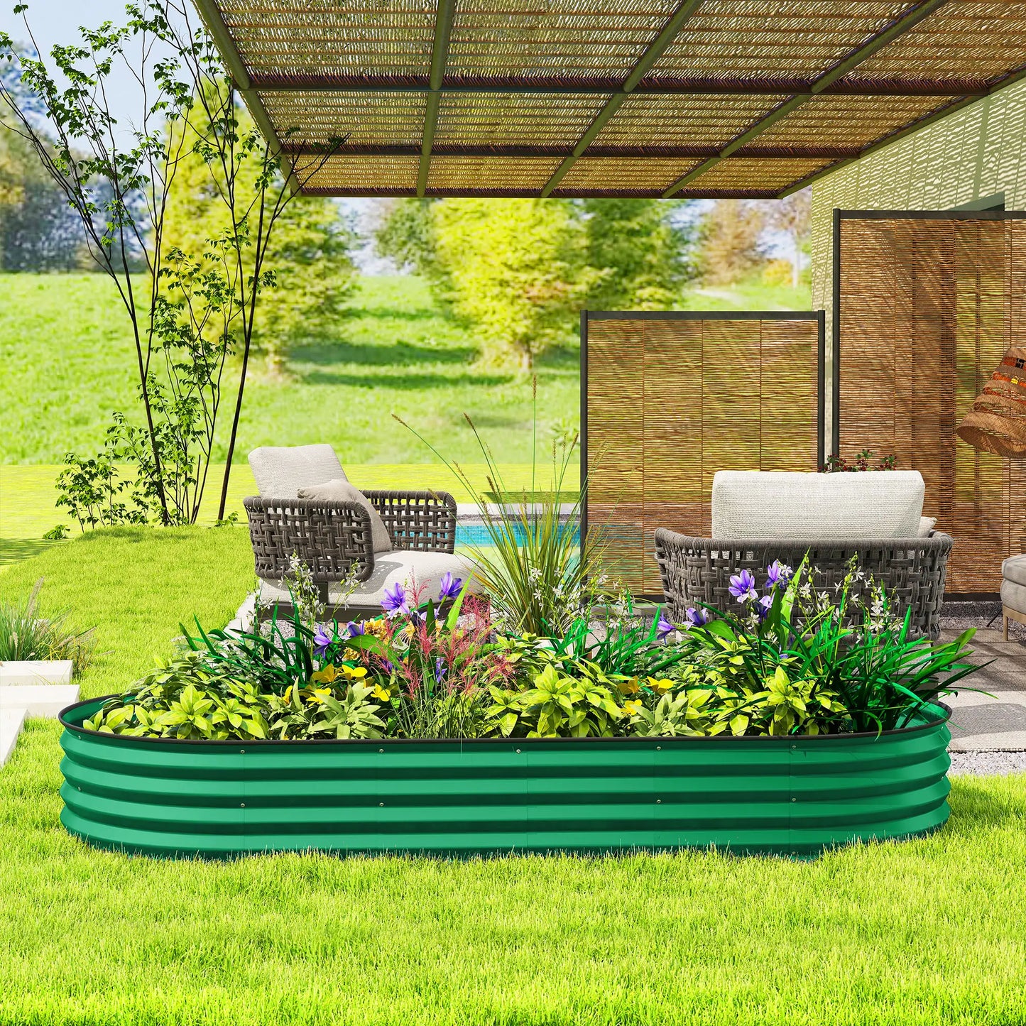 7' x 3' x 1' Parterre de jardin surélevé galvanisé, Tuteur de plante métallique vert, Vert