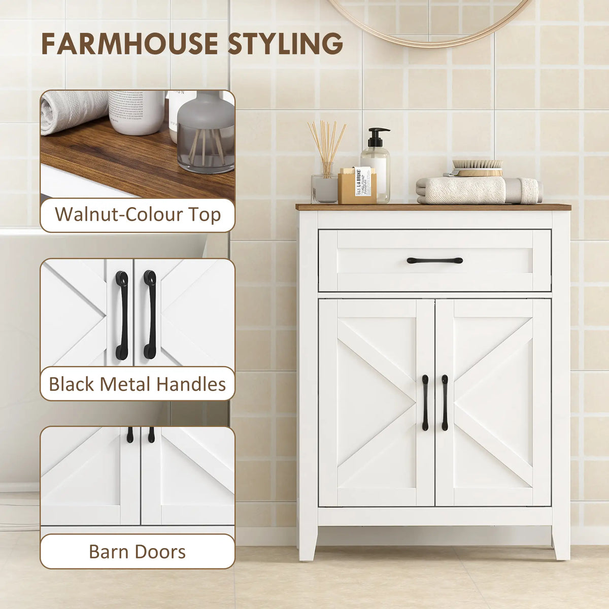 Farmhouse Bathroom Storage Cabinet with Barn Doors, White Freestanding Bathroom Cabinets at Gallery Canada