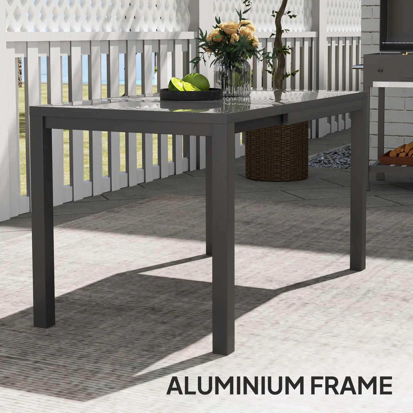 Adjustable Outdoor Dining Table, 33.5"-49.2", Tempered Glass Top, Metal Frame, Dark Grey Patio Dining Tables at Gallery Canada