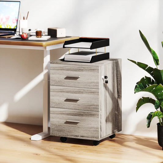 Mobile 3 Drawer File Cabinet with Wheels, Lock, Wood Grain, Grey Office Cabinets & Cupboards Grey Wood Grain at Gallery Canada
