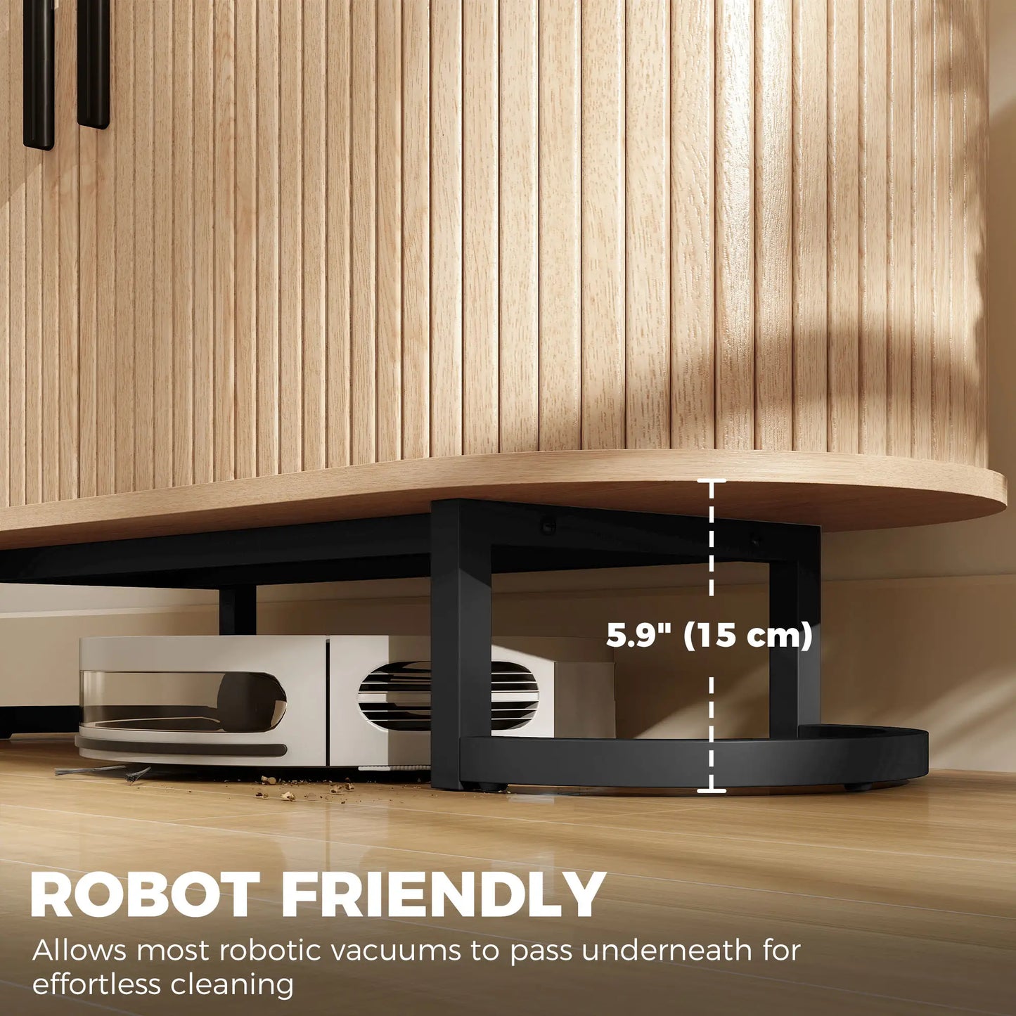 Sideboard Buffet Cabinet, Curved Tambour Doors, Natural Wood