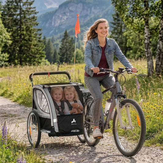 2 Seat Bike Trailer, 2-in-1 Baby Stroller, Handbrake, Rubber Wheels, Grey Kids Bike Trailers Grey, Black, Silver at Gallery Canada