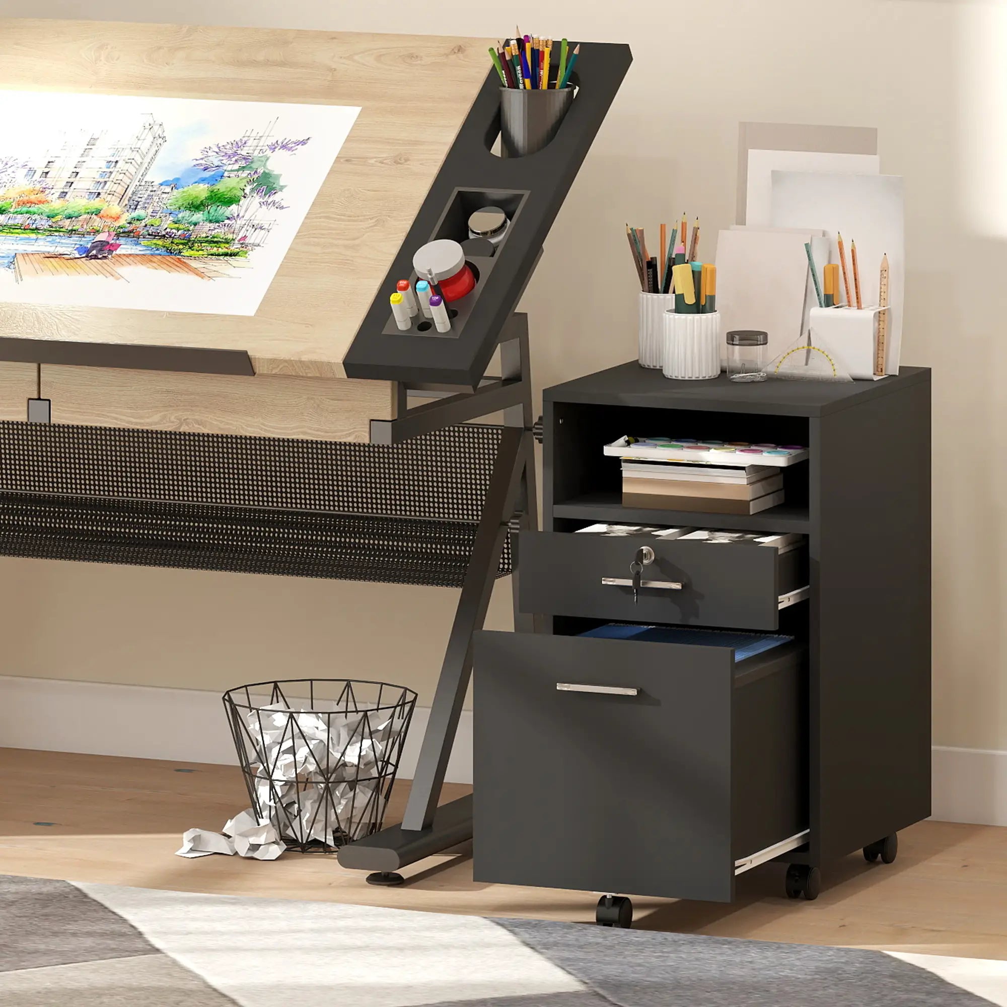 Small 2-Drawer Filing Cabinet, Lockable, on Wheels, A4 Letter Size, Black Office Cabinets & Cupboards at Gallery Canada