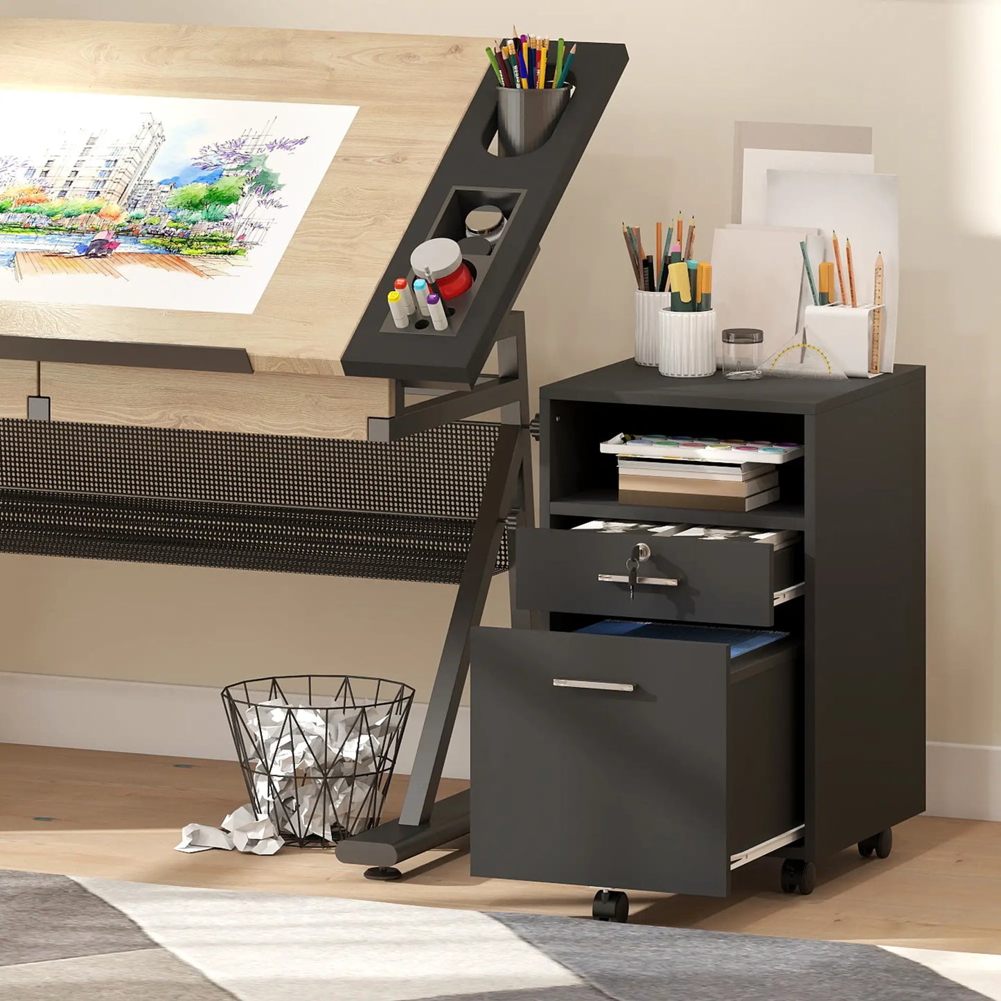 Small 2-Drawer Filing Cabinet, Lockable, on Wheels, A4 Letter Size, Black Office Cabinets & Cupboards at Gallery Canada