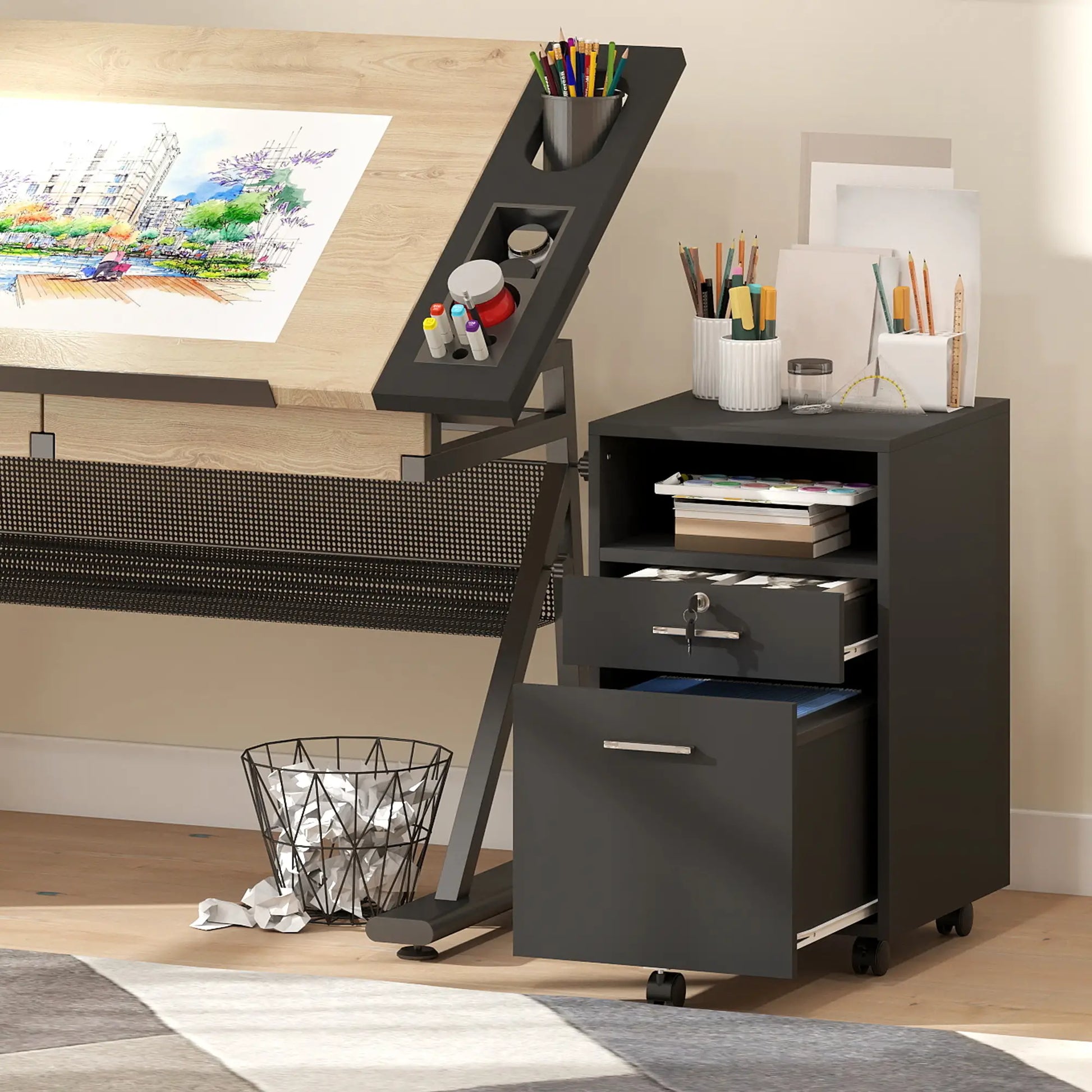 Small 2-Drawer Filing Cabinet, Lockable, on Wheels, A4 Letter Size, Black Office Cabinets & Cupboards at Gallery Canada