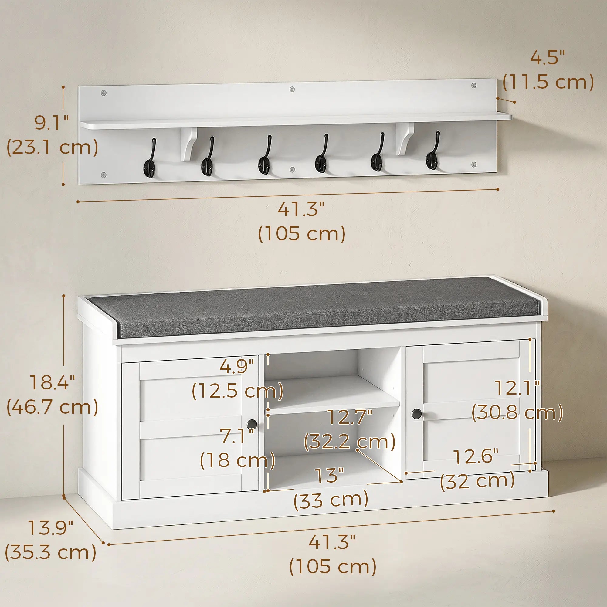 2-in-1 Coat Rack Shoe Bench With 6 Hooks, White Grey Shoe Storage Cabinets & Racks at Gallery Canada