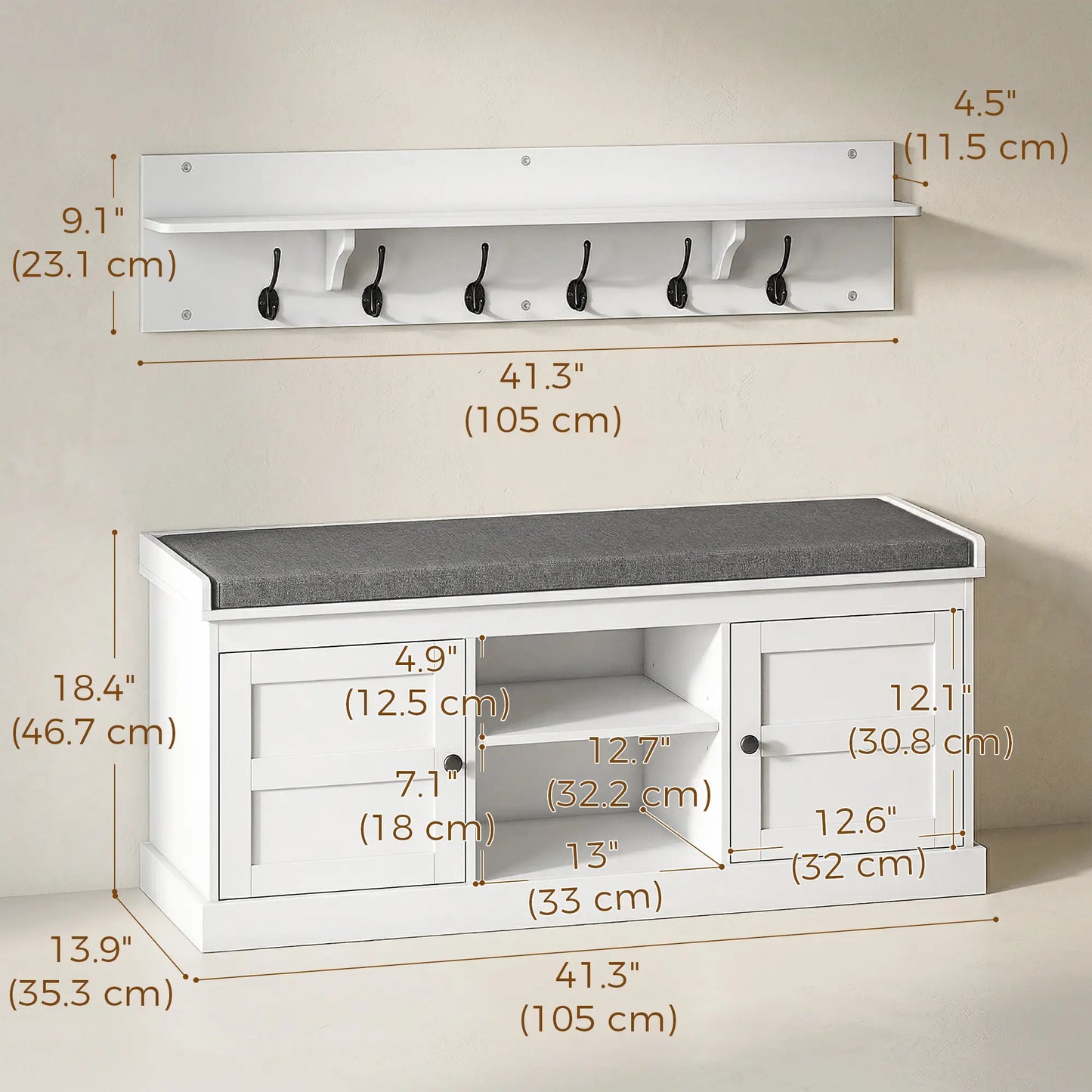 2-in-1 Coat Rack Shoe Bench With 6 Hooks, White Grey Shoe Storage Cabinets & Racks at Gallery Canada