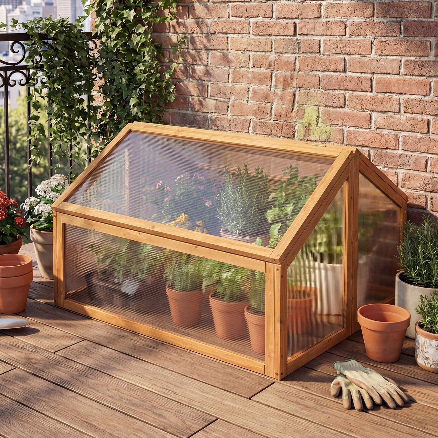 Wood Cold Frame Greenhouse Raised Flower Planter Protection with Transparent Openable Roof, Orange