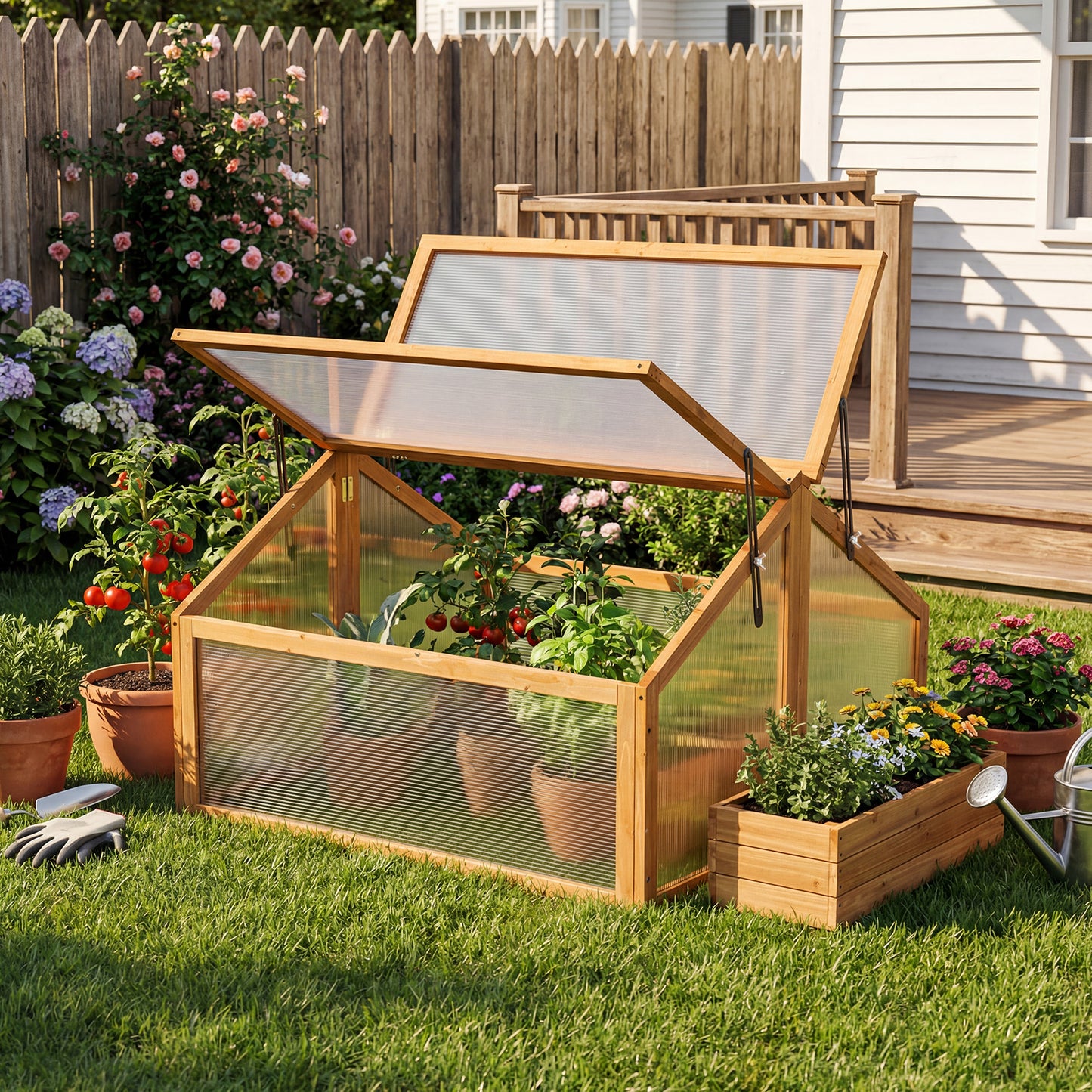 Wood Cold Frame Greenhouse Raised Flower Planter Protection with Transparent Openable Roof, Orange