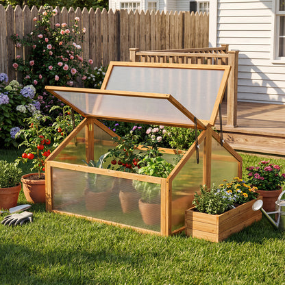 Wood Cold Frame Greenhouse Raised Flower Planter Protection with Transparent Openable Roof, Orange