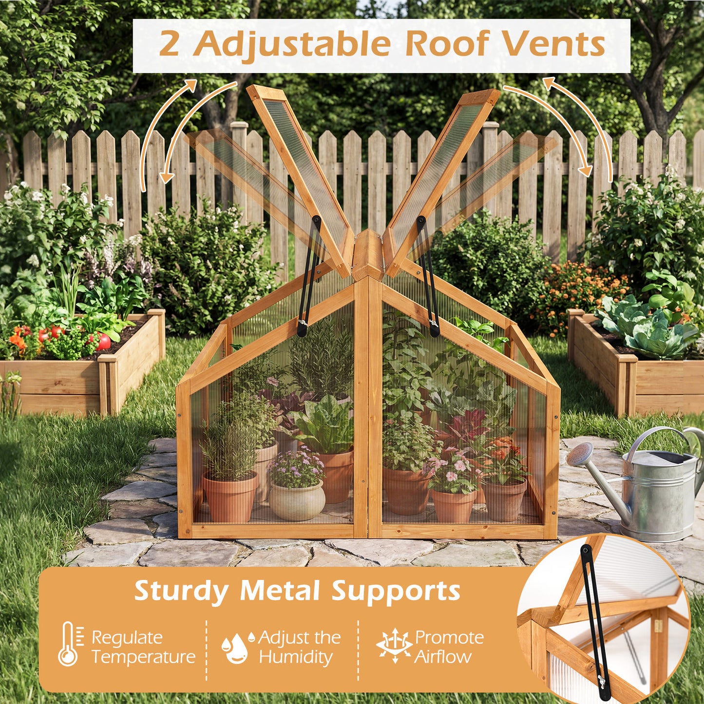 Wood Cold Frame Greenhouse Raised Flower Planter Protection with Transparent Openable Roof, Orange