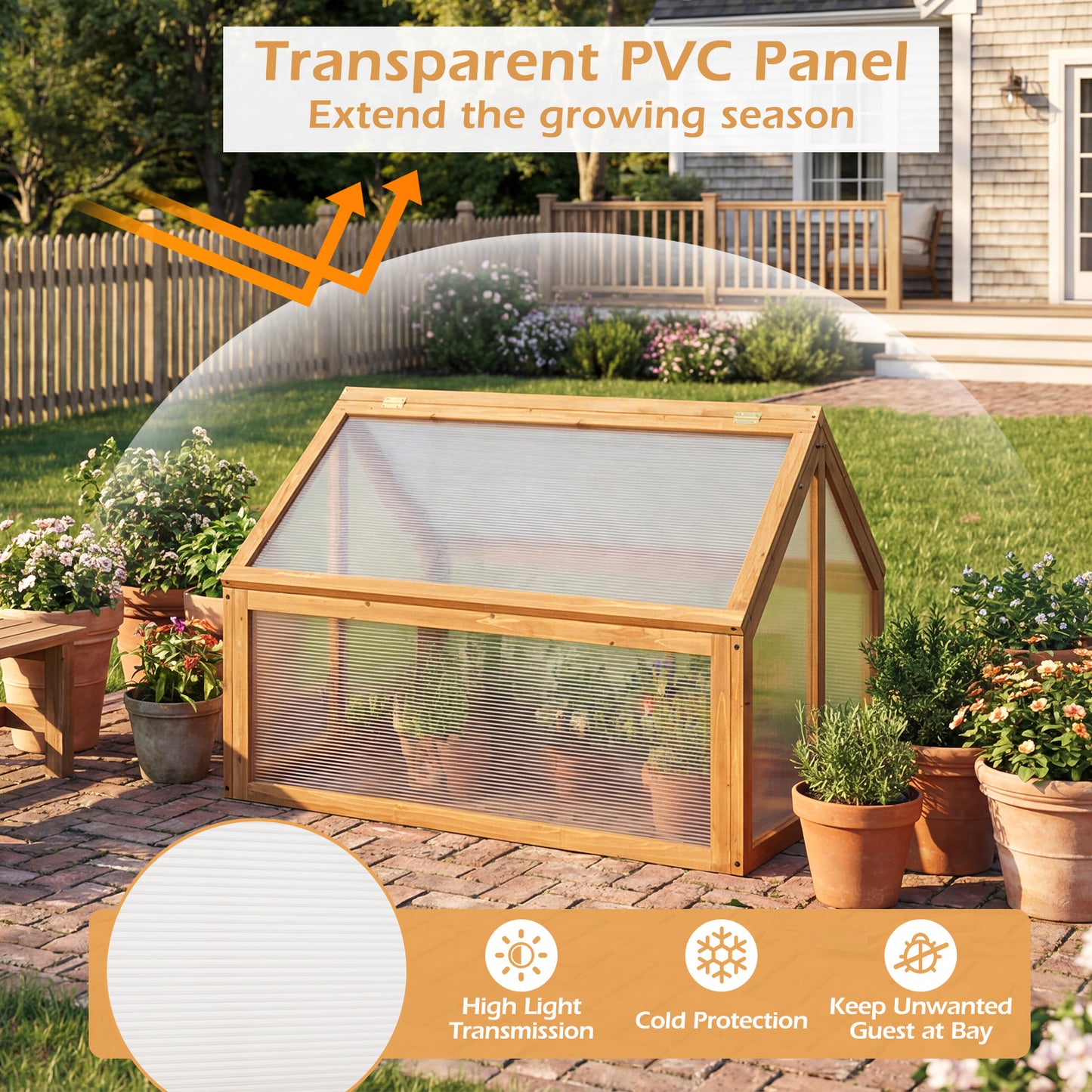 Wood Cold Frame Greenhouse Raised Flower Planter Protection with Transparent Openable Roof, Orange