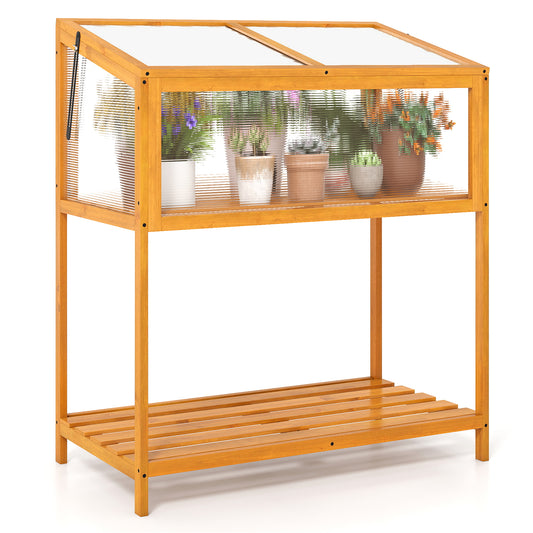 Wood Cold Frame Greenhouse with Transparent Openable Roof and Slatted Storage Shelf, Orange