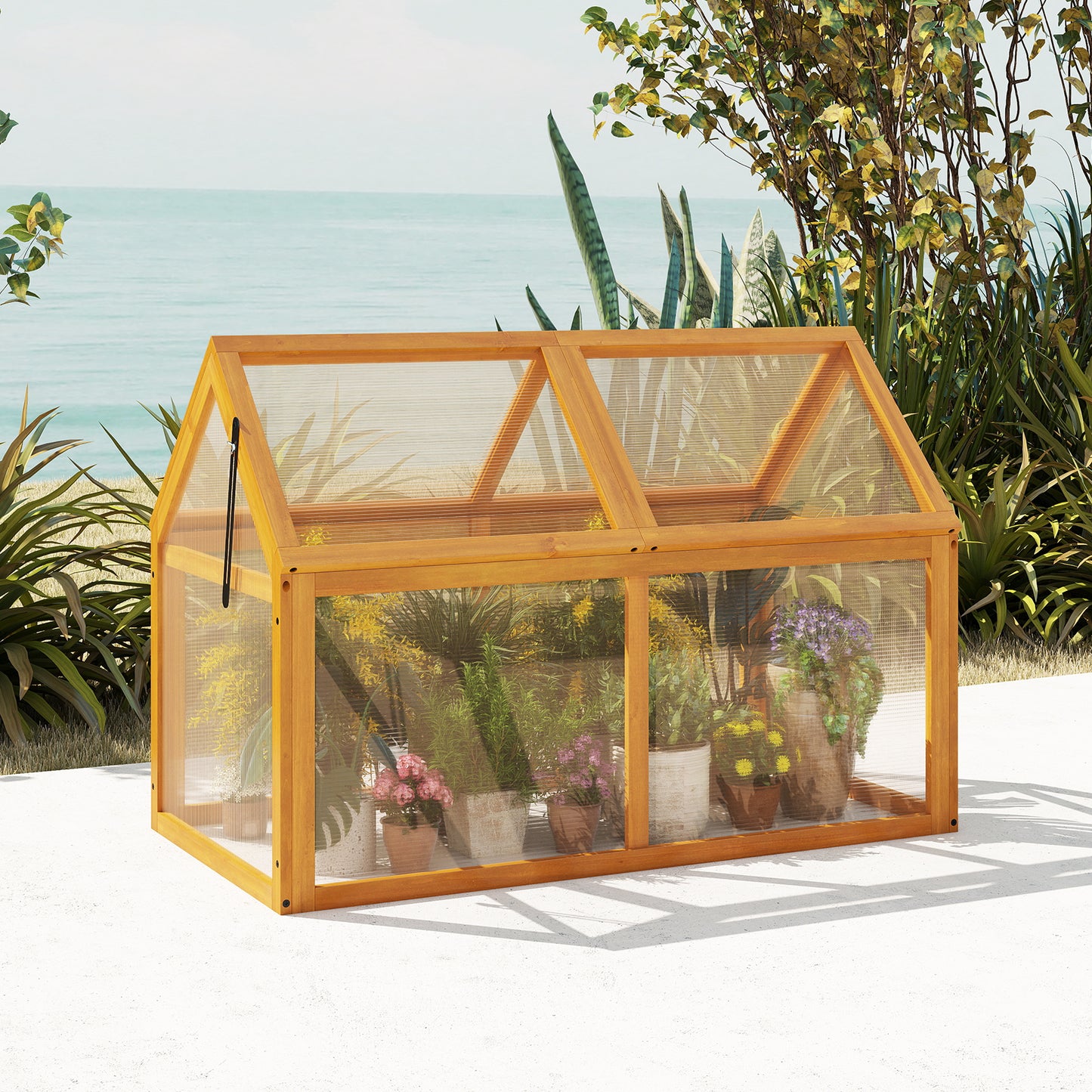 Wood Cold Frame Greenhouse Raised Flower Planter Protection with Adjustable Roof, Orange
