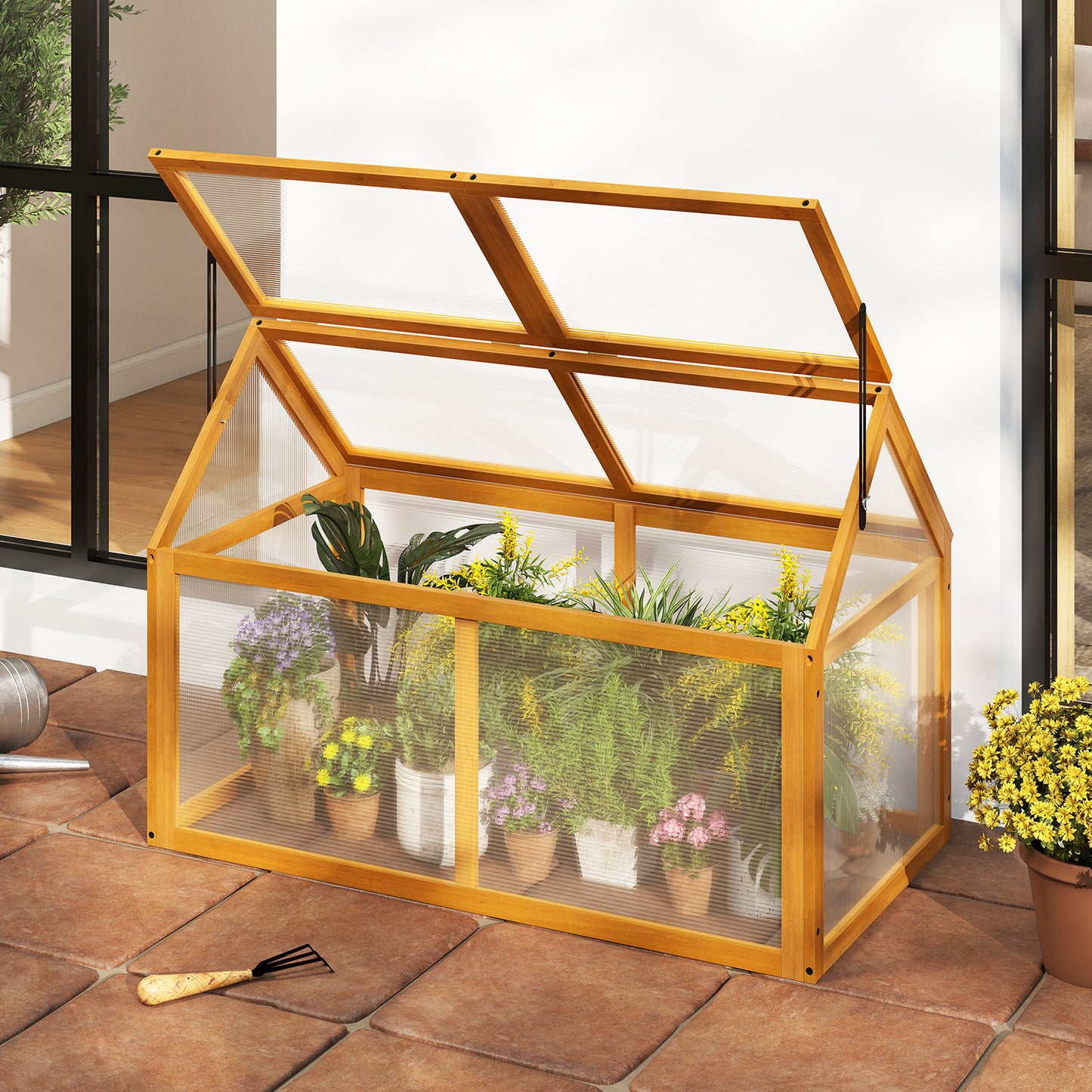 Wood Cold Frame Greenhouse Raised Flower Planter Protection with Adjustable Roof, Orange