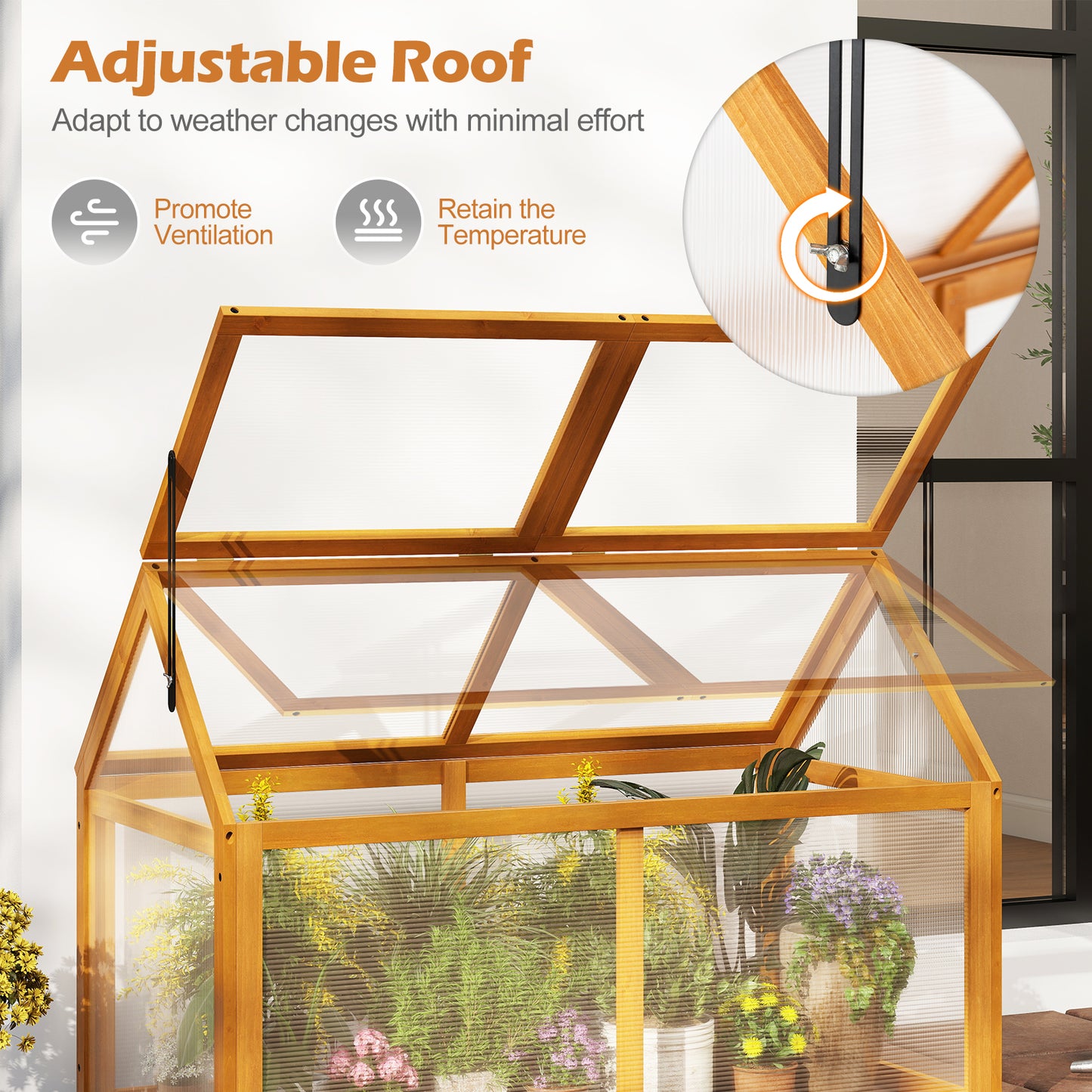 Wood Cold Frame Greenhouse Raised Flower Planter Protection with Adjustable Roof, Orange