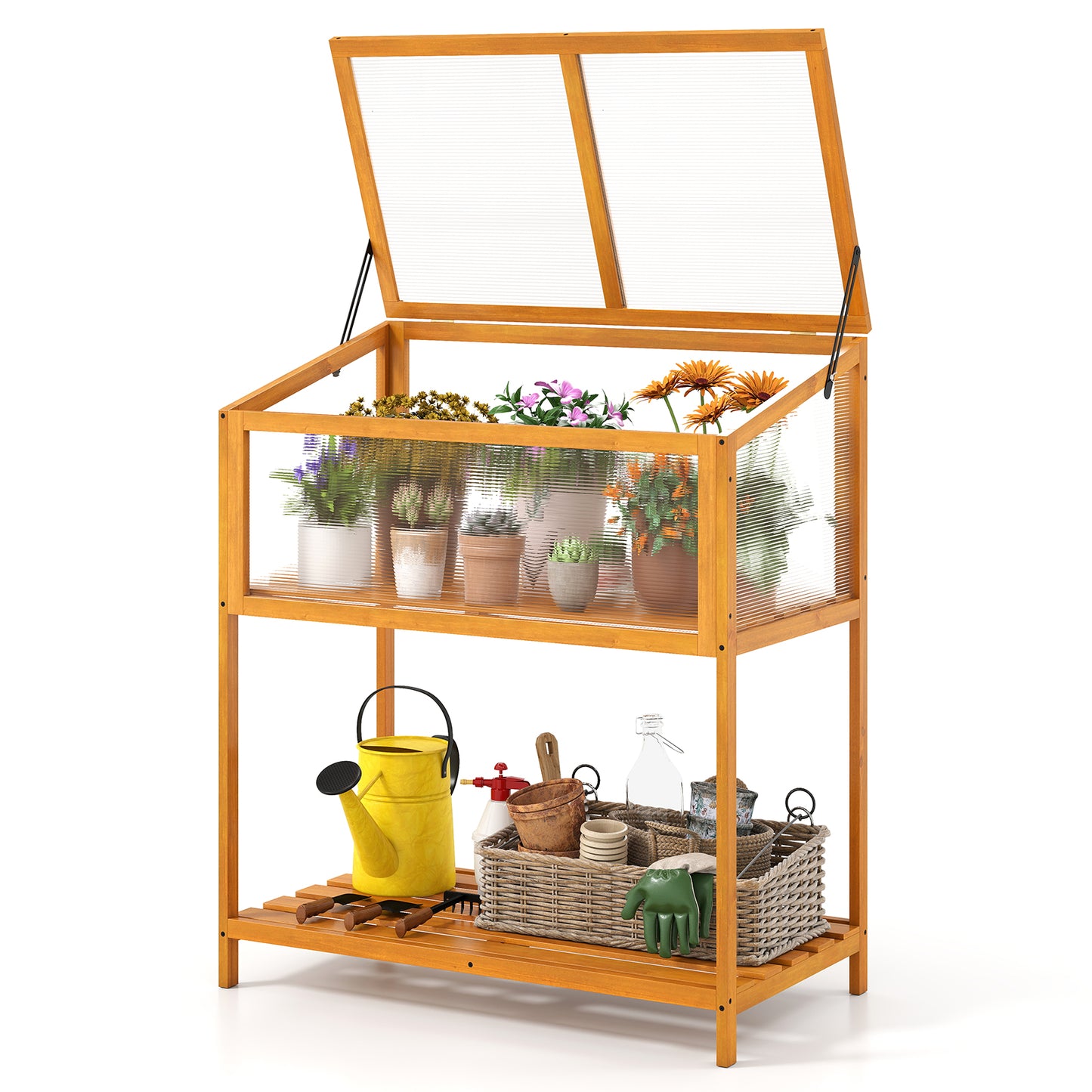 Wood Cold Frame Greenhouse with Transparent Openable Roof and Slatted Storage Shelf, Orange Greenhouses at Gallery Canada