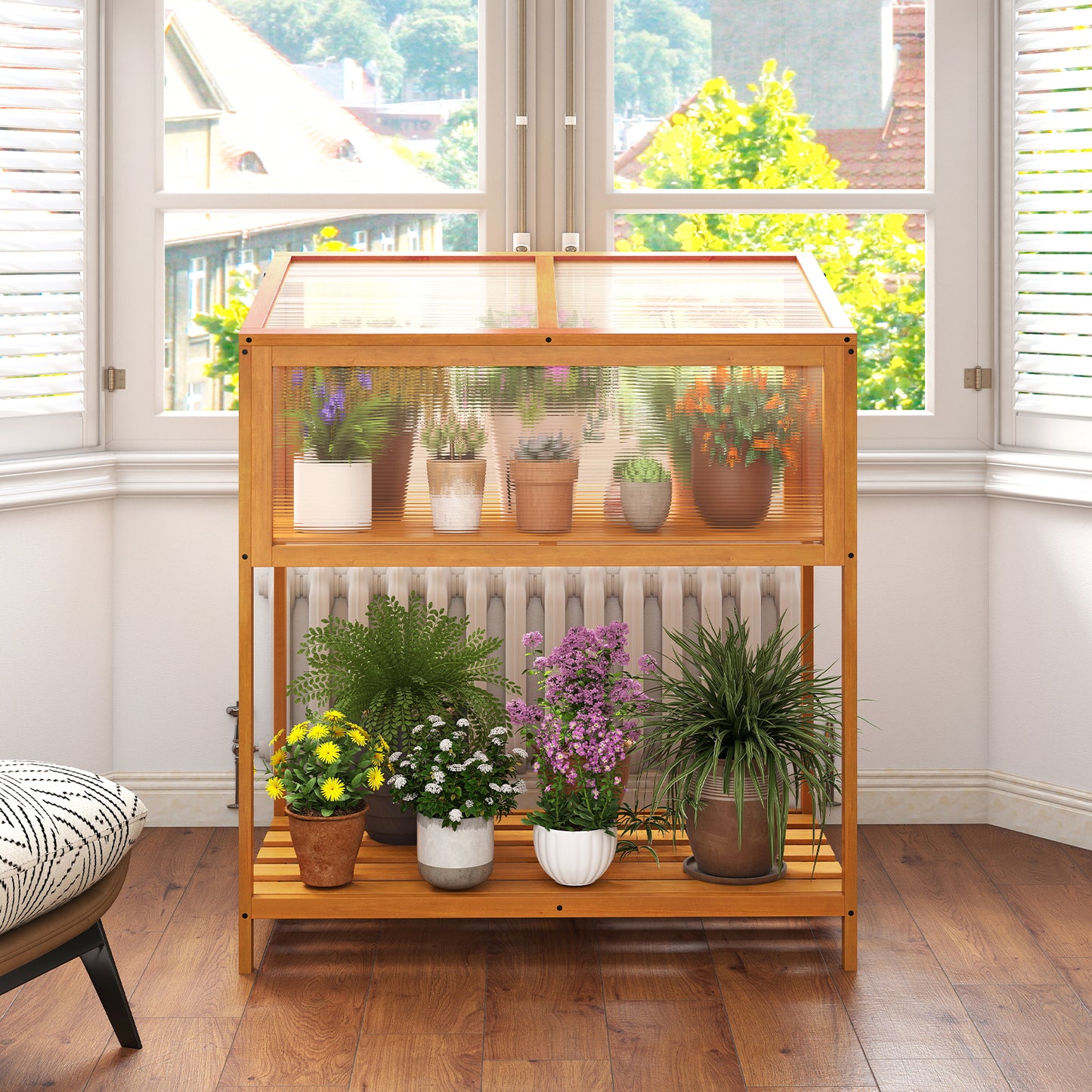 Wood Cold Frame Greenhouse with Transparent Openable Roof and Slatted Storage Shelf, Orange Greenhouses at Gallery Canada