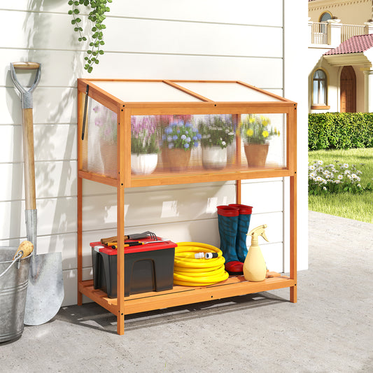 Wood Cold Frame Greenhouse with Transparent Openable Roof and Slatted Storage Shelf, Orange Greenhouses Orange at Gallery Canada