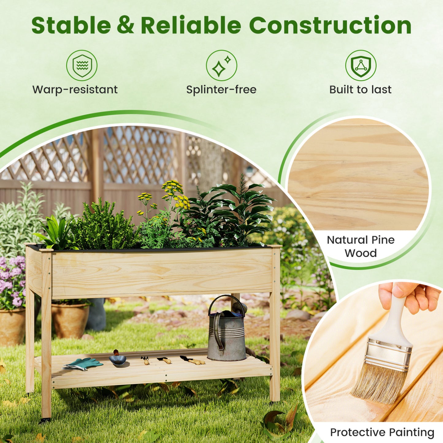 Wood Elevated Planter Bed With Lockable Wheels, Shelf, Liner, Natural Raised Garden Beds at Gallery Canada