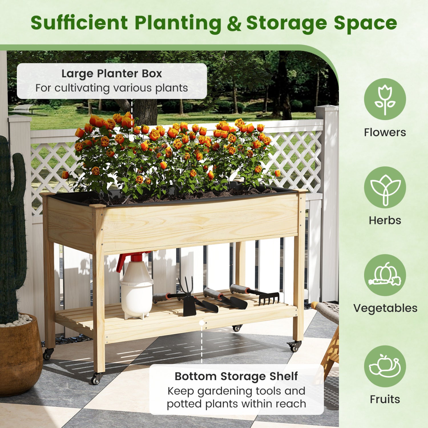 Wood Elevated Planter Bed With Lockable Wheels, Shelf, Liner, Natural Raised Garden Beds at Gallery Canada