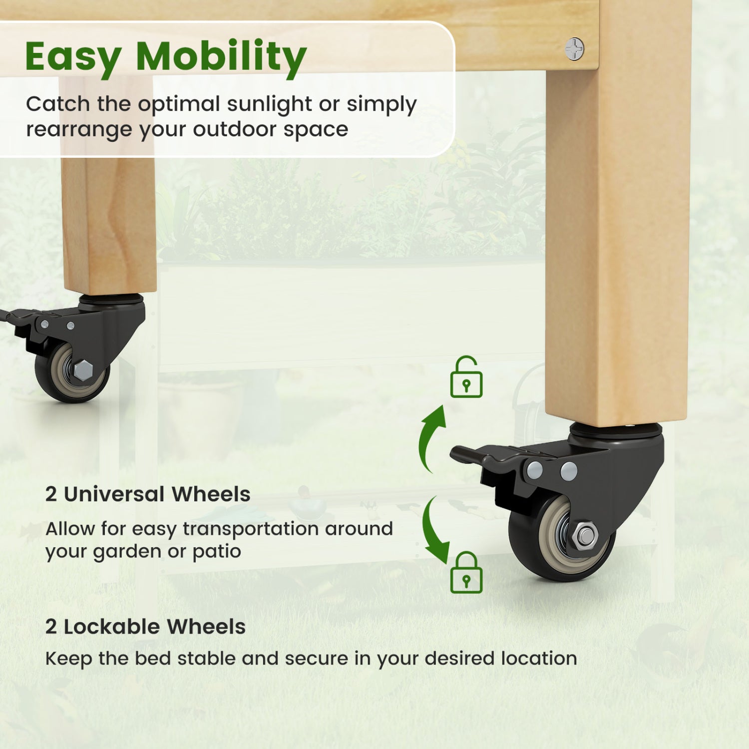 Wood Elevated Planter Bed With Lockable Wheels, Shelf, Liner, Natural Raised Garden Beds at Gallery Canada