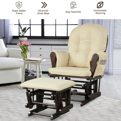 Wood Glider and Ottoman Set with Padded Armrests and Detachable Cushion, Beige Recliners at Gallery Canada