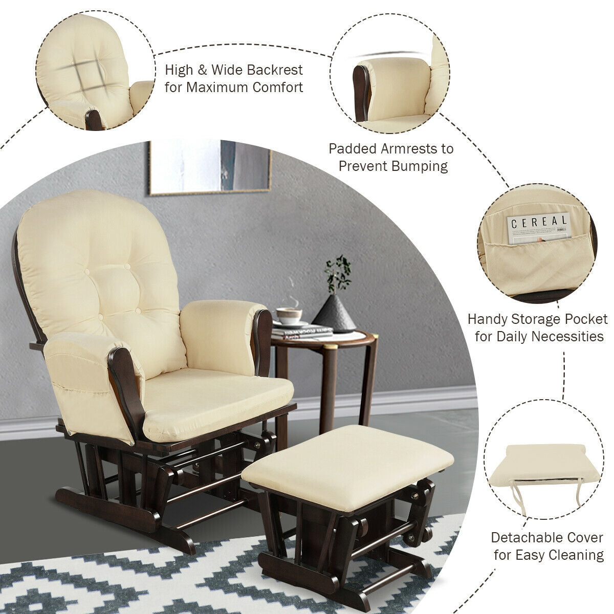 Wood Glider and Ottoman Set with Padded Armrests and Detachable Cushion, Beige Recliners at Gallery Canada