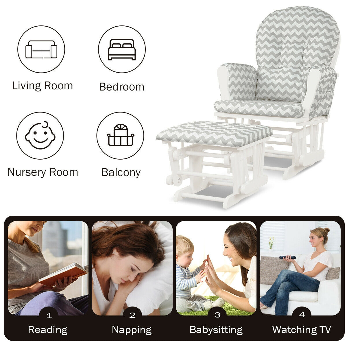 Wood Glider and Ottoman Set with Padded Armrests and Detachable Cushion-Gray and White, White Recliners at Gallery Canada