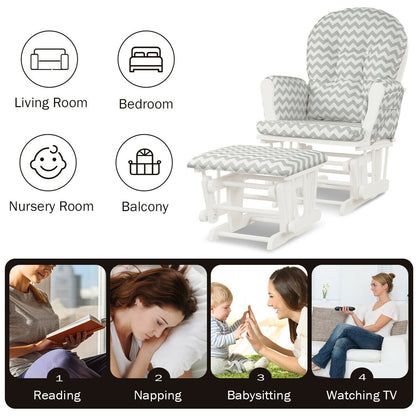 Wood Glider and Ottoman Set with Padded Armrests and Detachable Cushion-Gray and White, White Recliners at Gallery Canada