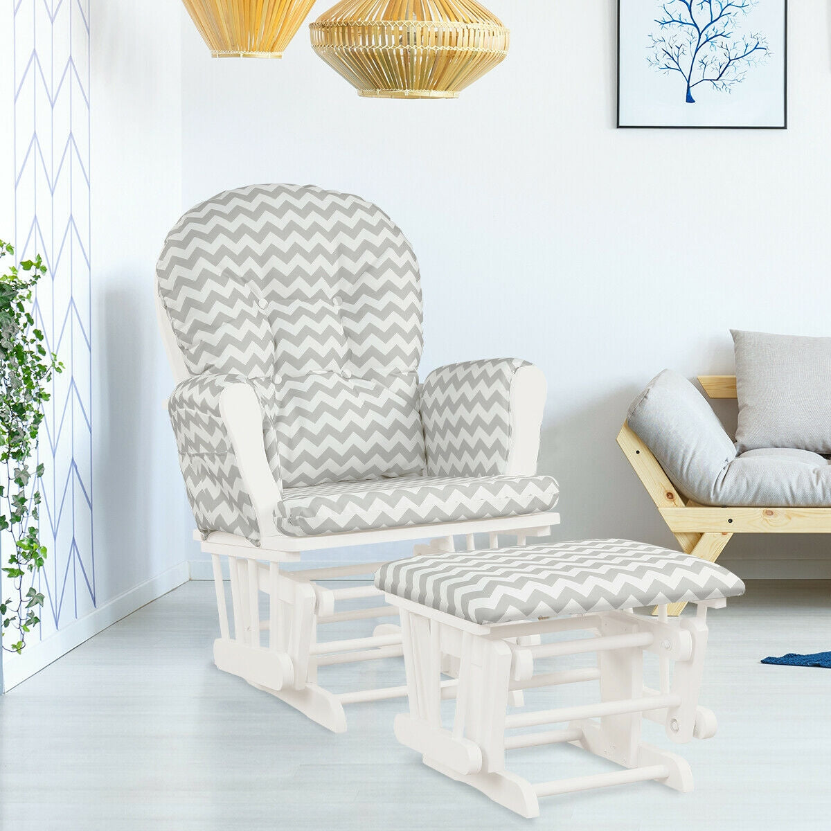 Wood Glider and Ottoman Set with Padded Armrests and Detachable Cushion-Gray and White, White Recliners at Gallery Canada