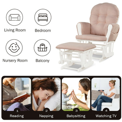 Wood Glider and Ottoman Set with Padded Armrests and Detachable Cushion, Pink Recliners at Gallery Canada