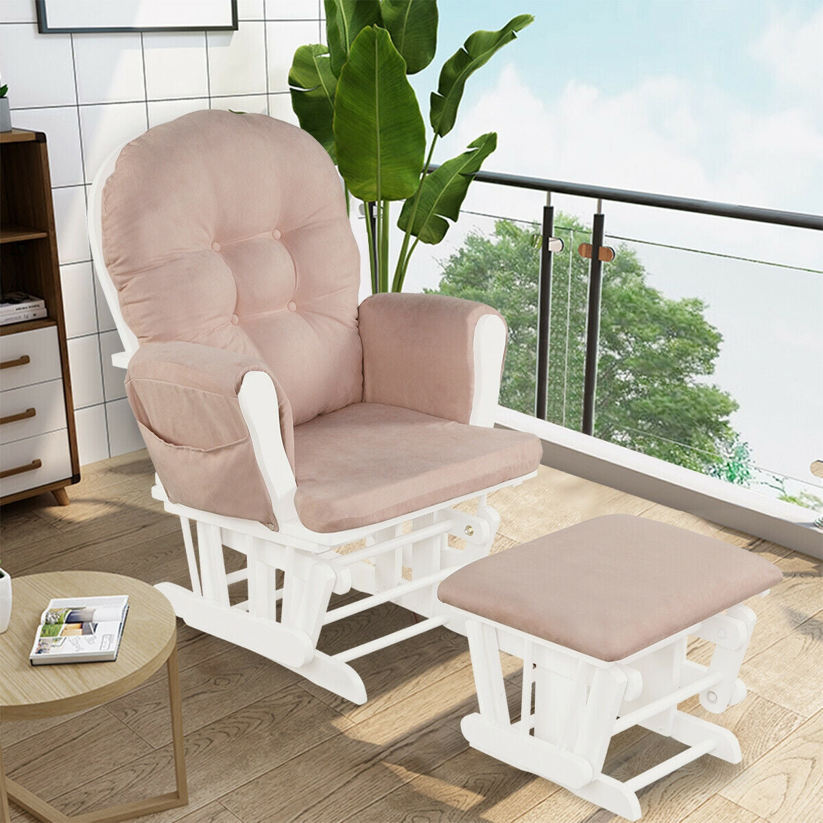 Wood Glider and Ottoman Set with Padded Armrests and Detachable Cushion, Pink Recliners at Gallery Canada