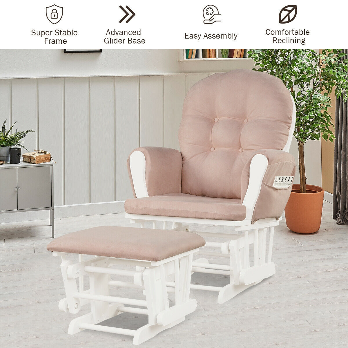 Wood Glider and Ottoman Set with Padded Armrests and Detachable Cushion, Pink Recliners at Gallery Canada