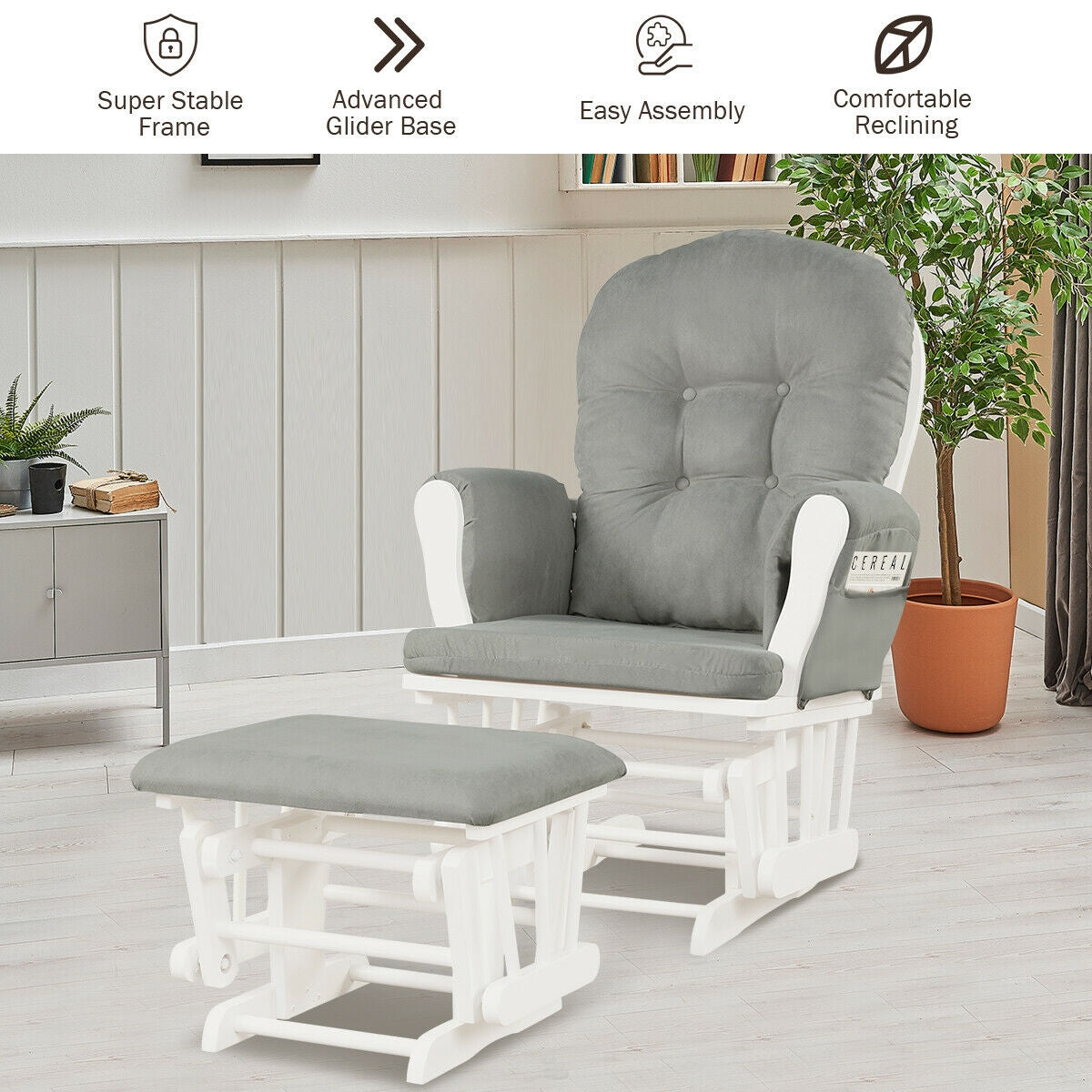 Wood Glider and Ottoman Set with Padded Armrests and Detachable Cushion, Light Gray Recliners at Gallery Canada
