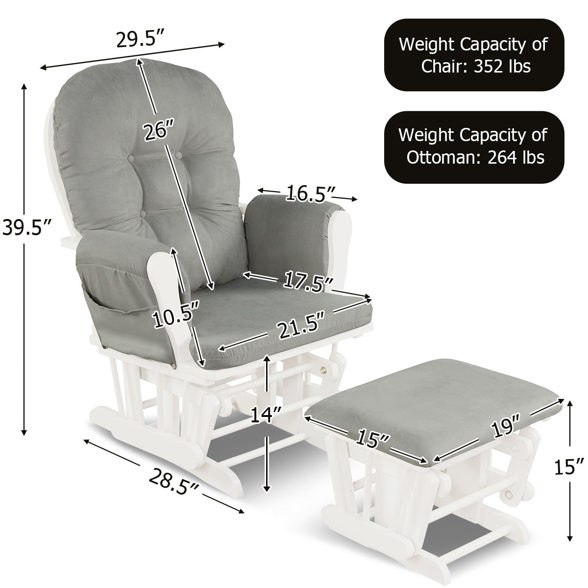 Wood Glider and Ottoman Set with Padded Armrests and Detachable Cushion, Light Gray Recliners at Gallery Canada