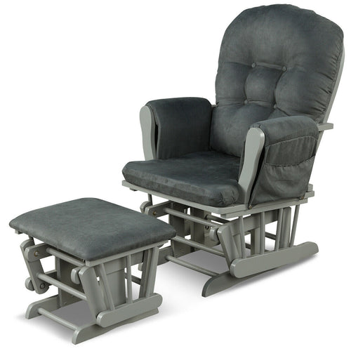 Wood Glider and Ottoman Set with Padded Armrests and Detachable Cushion, Dark Gray