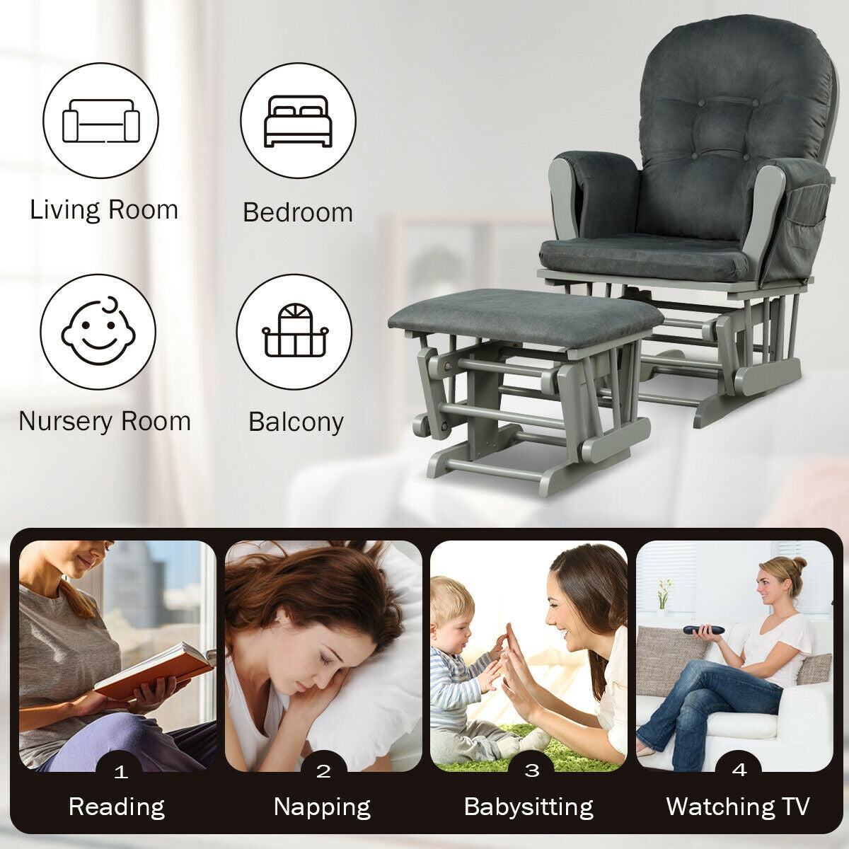 Wood Glider and Ottoman Set with Padded Armrests and Detachable Cushion, Dark Gray Recliners at Gallery Canada