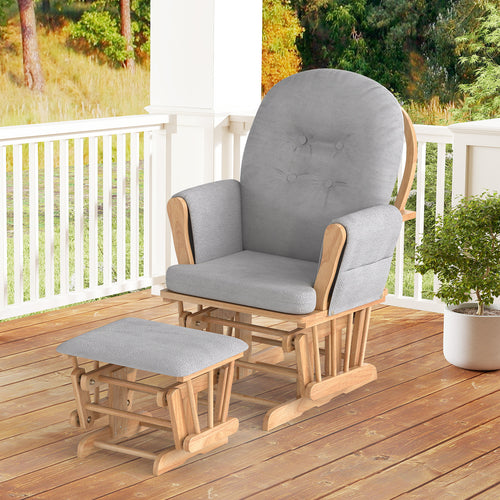 Wood Glider and Ottoman Set with Padded Armrests and Detachable Cushion, Natural