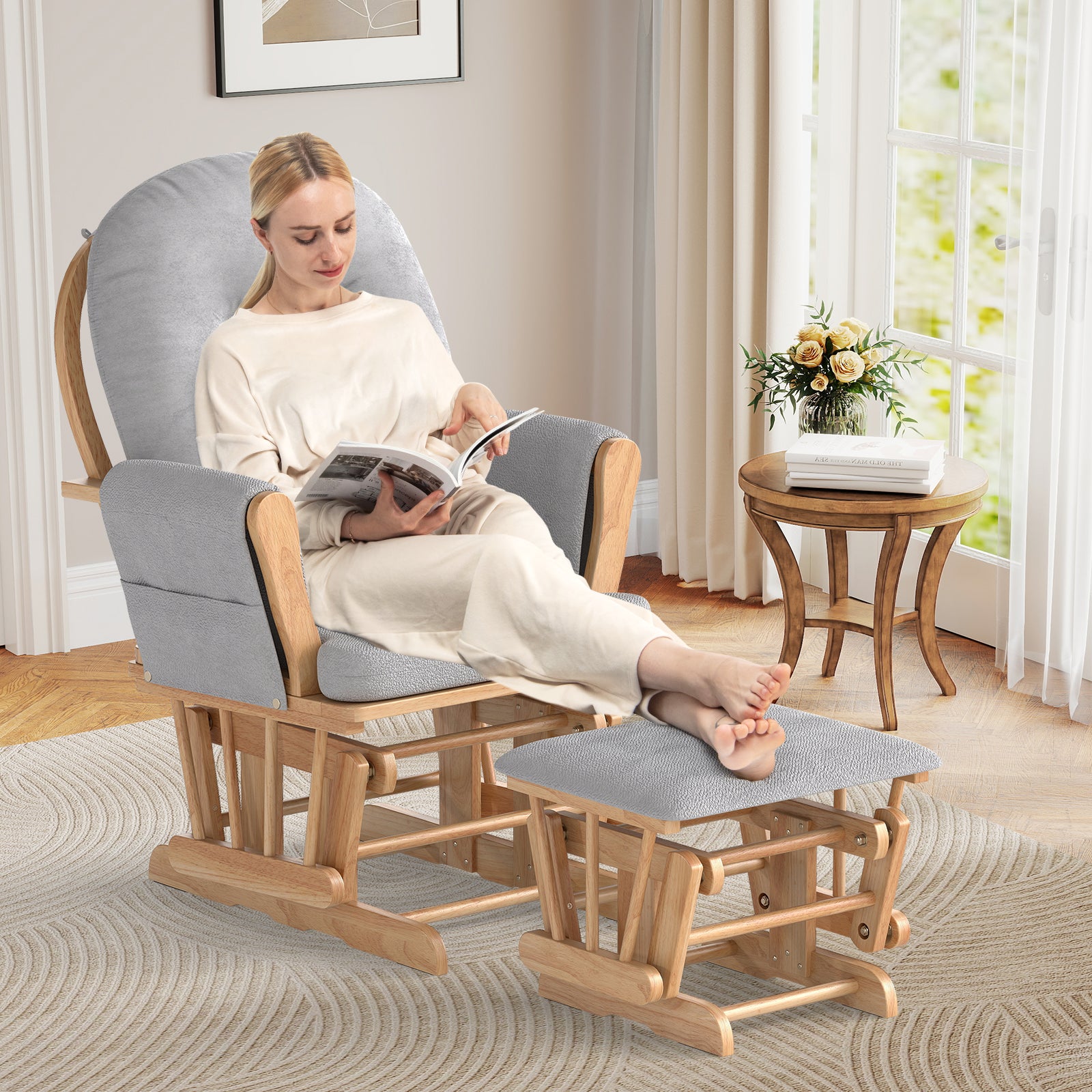 Wood Glider and Ottoman Set with Padded Armrests and Detachable Cushion, Natural Recliners at Gallery Canada