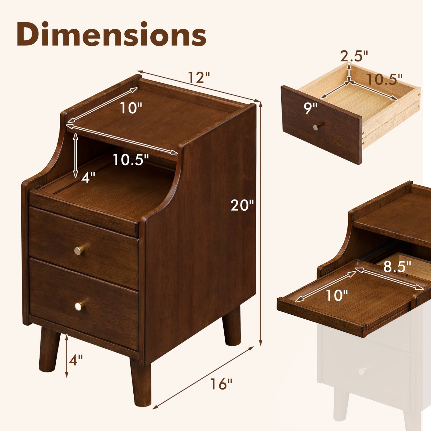 Wood Nightstand Set of 2 with Drawers, Brown Nightstands at Gallery Canada