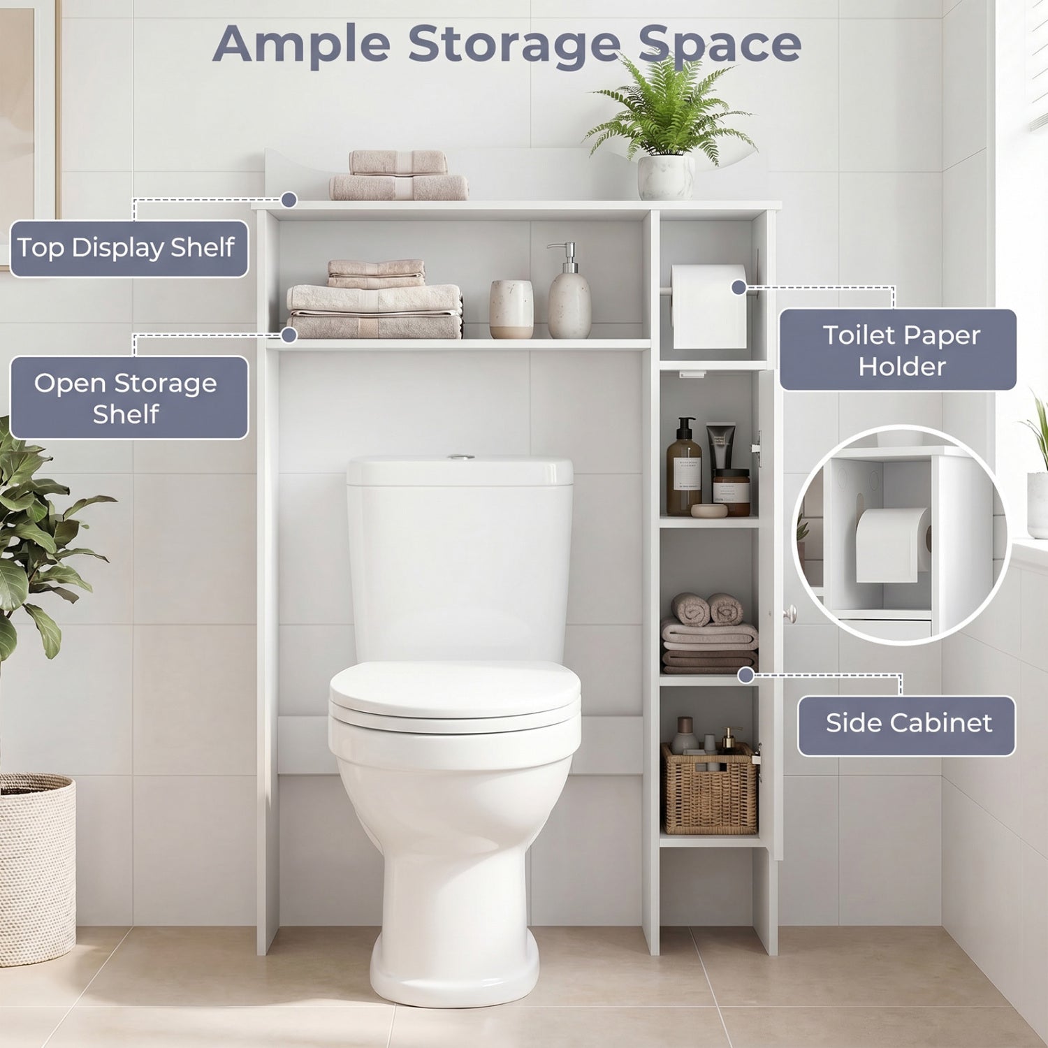 Wood Over Toilet Space Saver, Paper Holder And Shelf, White Bathroom Etagere at Gallery Canada