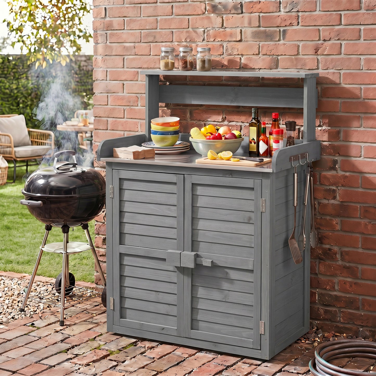 Wood Plant Workstation, Stainless Steel Tabletop, Gray