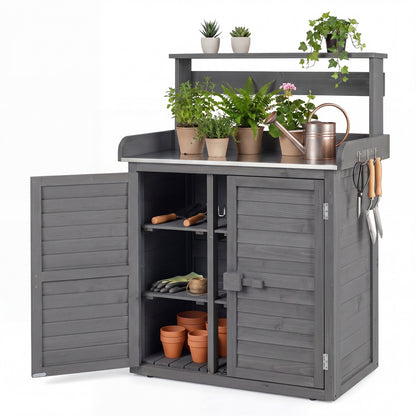 Wood Plant Workstation, Stainless Steel Tabletop, Gray